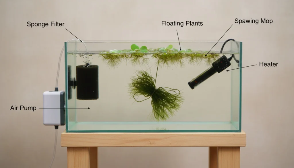 a simple 10-gallon breeding tank setup with a sponge filter, heater, and spawning mop