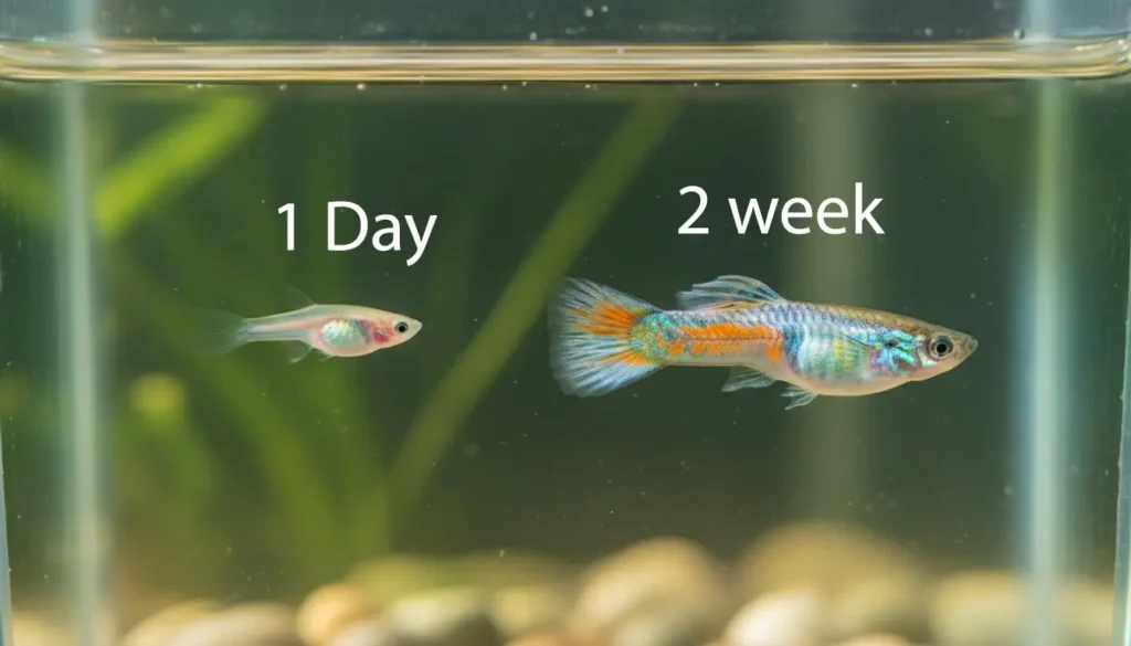 healthy guppy fry at 2 weeks showing expected size and coloring compared to birth size