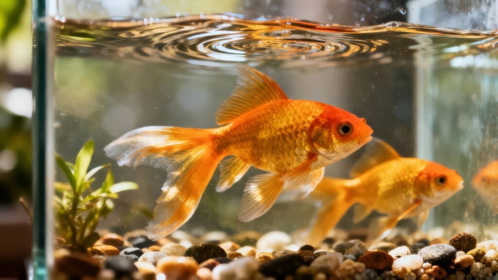 Goldfish spawning behavior, male alongside female near plant clumps