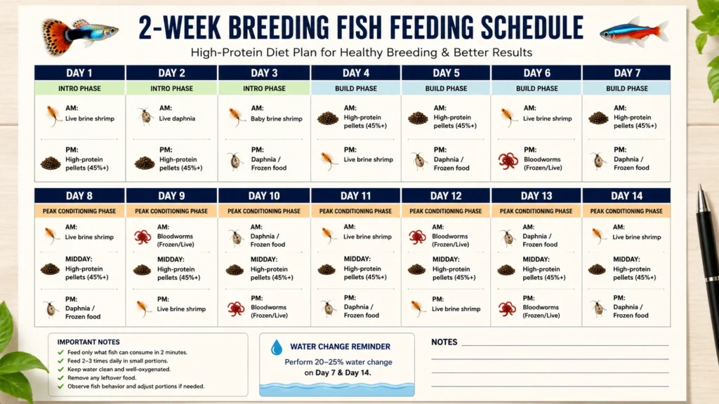 Printable-style 2-week feeding schedule calendar showing food types per day — ideal to save or pin
