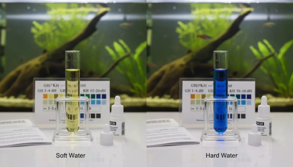 side-by-side comparison of a GH/KH test kit result showing soft water vs hard water