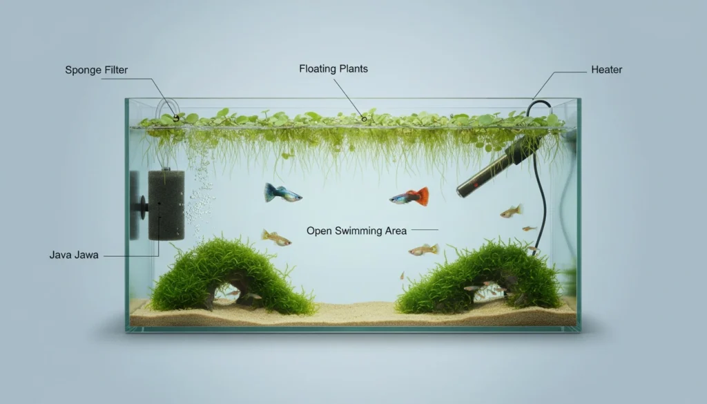 Labeled diagram of an ideal guppy breeding tank setup — showing heater position, sponge filter, floating plants, java moss clusters, and open swimming space in the center