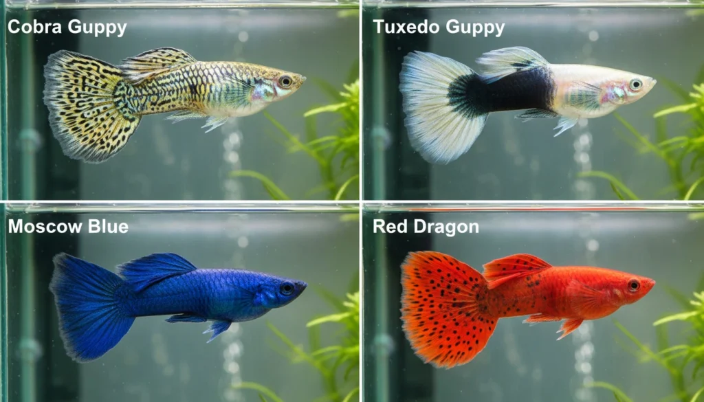 A grid showing different guppy colour morphs side by side — cobra, tuxedo, Moscow blue, and red dragon — showing the range of colour possibilities through selective breeding