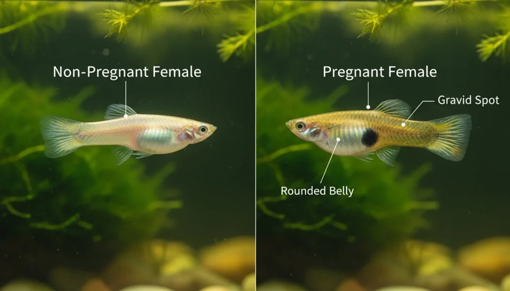 Side-by-side photo comparison — a non-pregnant female guppy vs a pregnant female showing the expanded, dark gravid spot and rounded belly shape