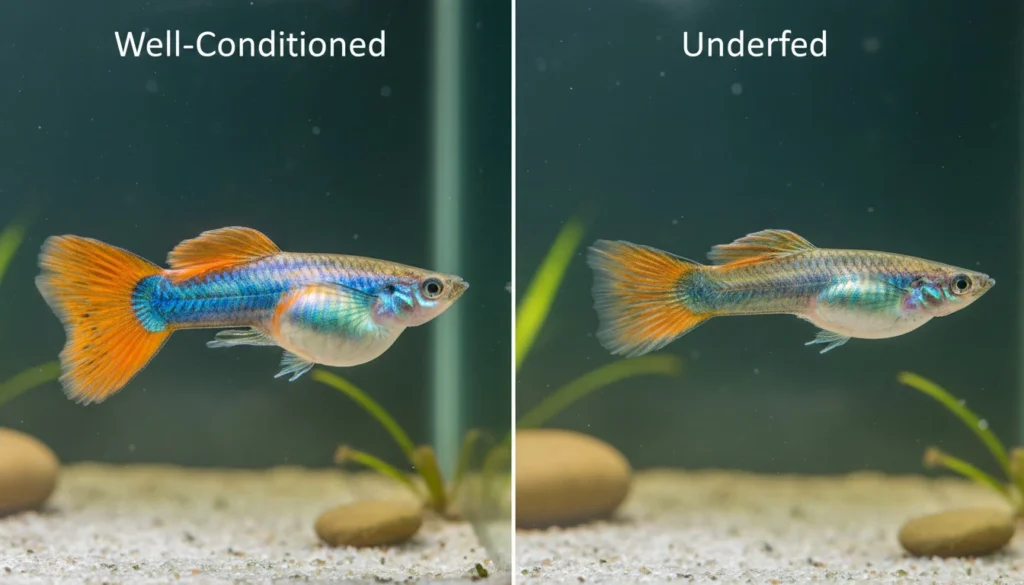Side-by-side comparison of a well-conditioned breeding guppy vs. an underfed one — showing body fullness, belly roundness, and fin condition