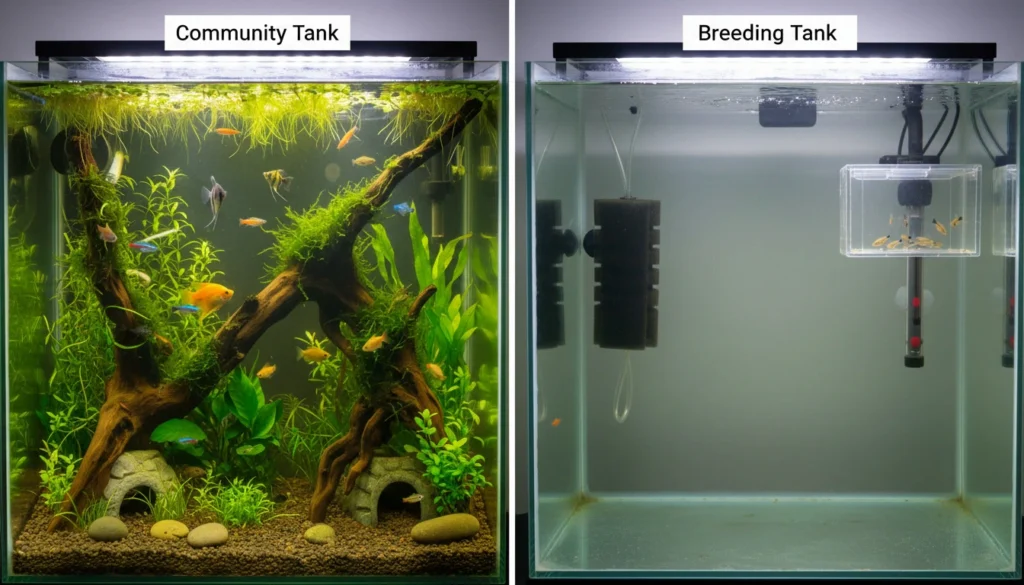 Side-by-side comparison of a community tank vs. a bare-bottom breeding tank — showing the visual difference in setup and complexity