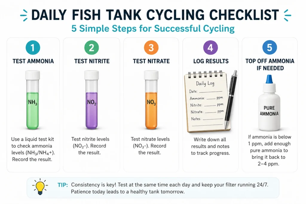 A simple checklist graphic showing daily testing steps — test ammonia, test nitrite, test nitrate, log results, top off ammonia if needed