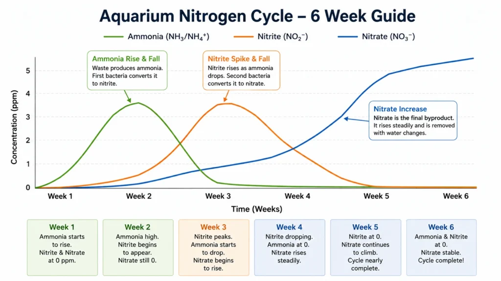 A simple line graph showing typical ammonia, nitrite, and nitrate trends over a 6-week cycling period — ammonia rising and falling first, nitrite spiking and falling second, nitrate climbing steadily throughout