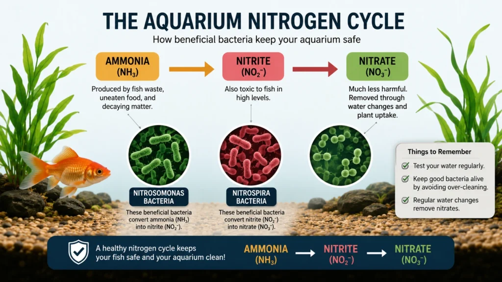Diagram showing the nitrogen cycle — Ammonia converting to Nitrite, then Nitrite converting to Nitrate, with bacteria icons at each conversion stage