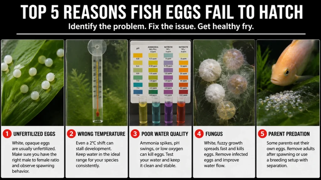 Infographic showing the top 5 reasons fish eggs fail to hatch — unfertilized eggs, wrong temperature, poor water quality, fungus, and parent predation