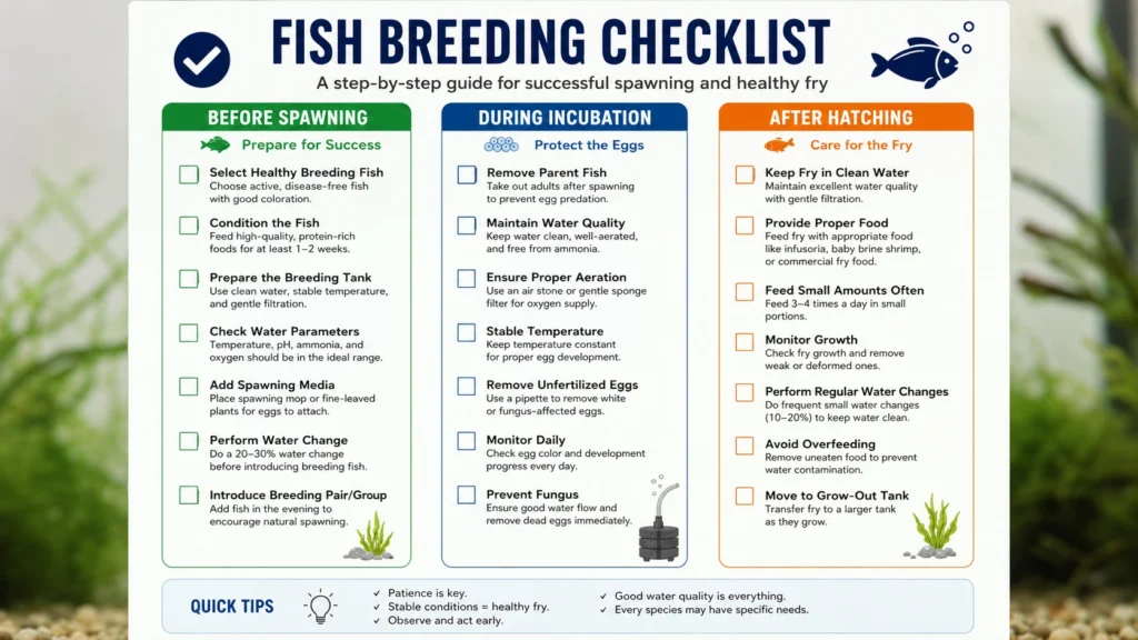 Printable checklist showing before spawning, during incubation, and after hatching steps — vertical format, clean design