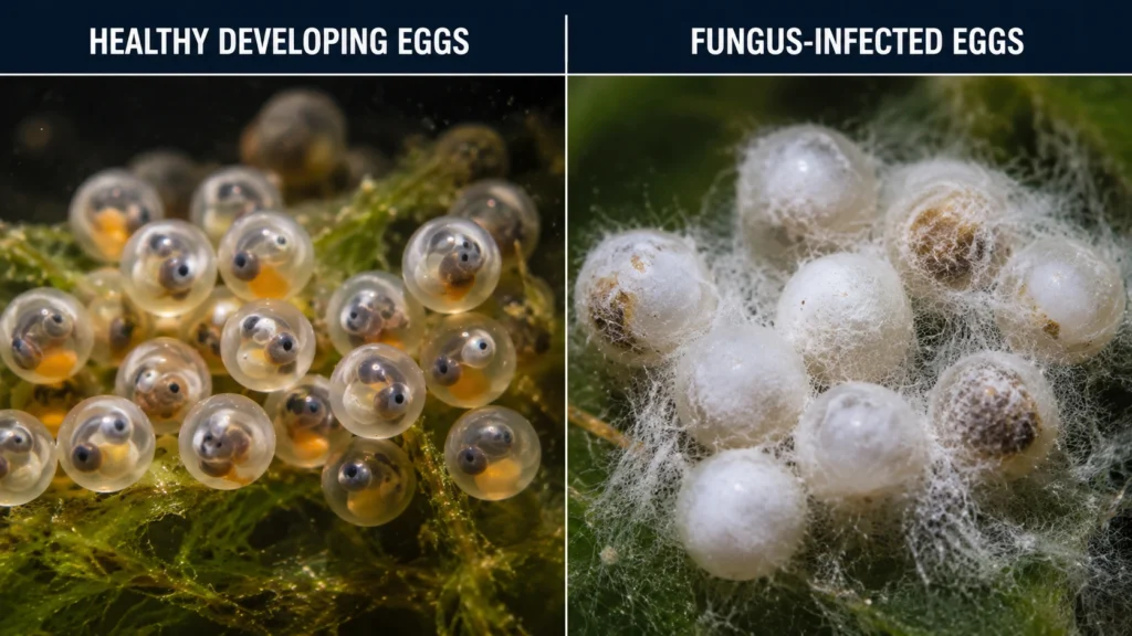 Side-by-side comparison of healthy developing eggs vs. fungus-infected white fuzzy eggs