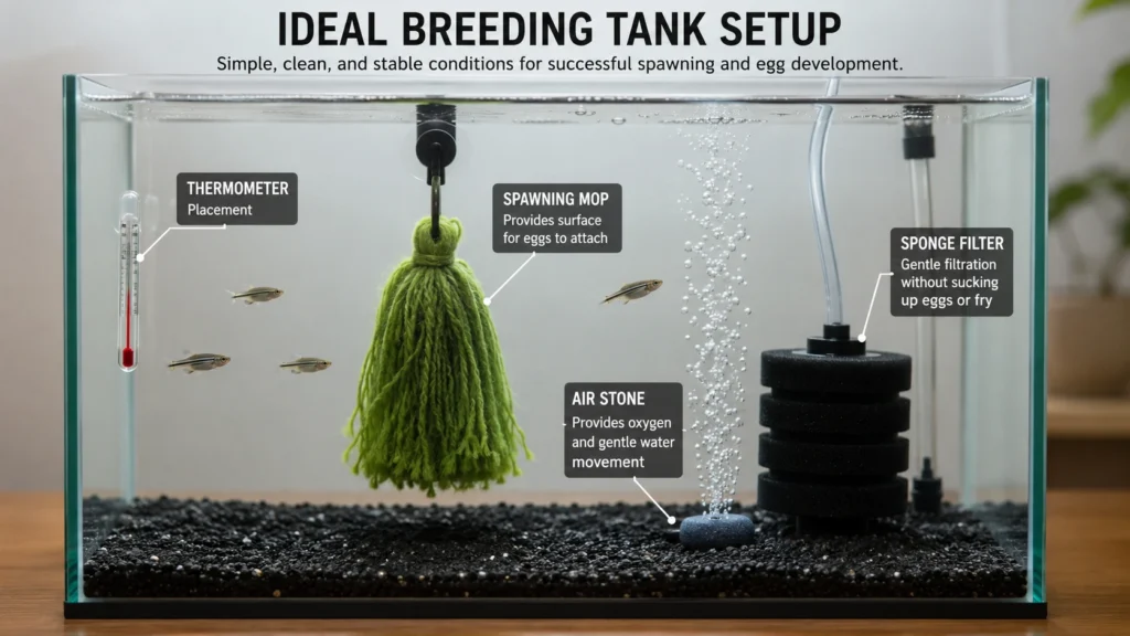 Simple diagram showing an ideal breeding tank with sponge filter, air stone, spawning mop, and thermometer placement