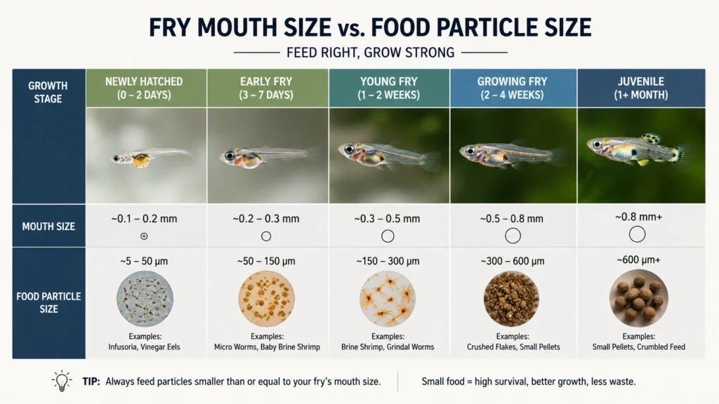 comparison infographic showing fry mouth size vs. food particle sizes at different growth stages
