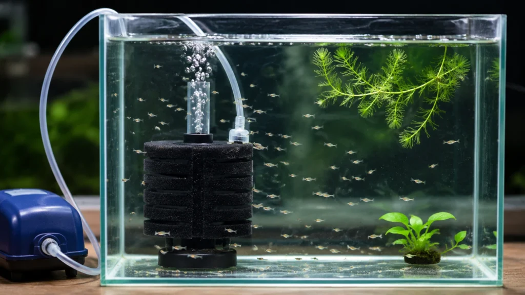 sponge filter set up in a small fry tank with air pump tubing visible