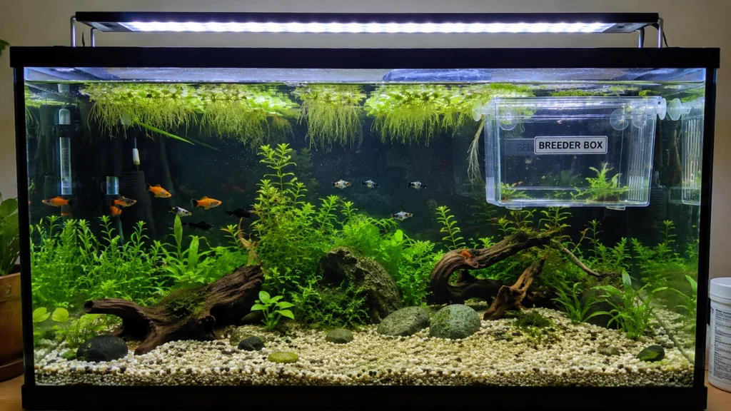 molly breeding tank setup with floating plants, hiding spots, and a breeder box labeled