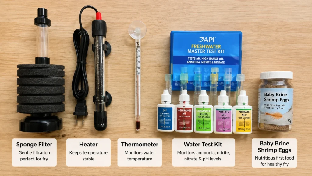 breeding tank essentials arranged neatly — a sponge filter, heater, thermometer, water test kit, and a small container of baby brine shrimp eggs 