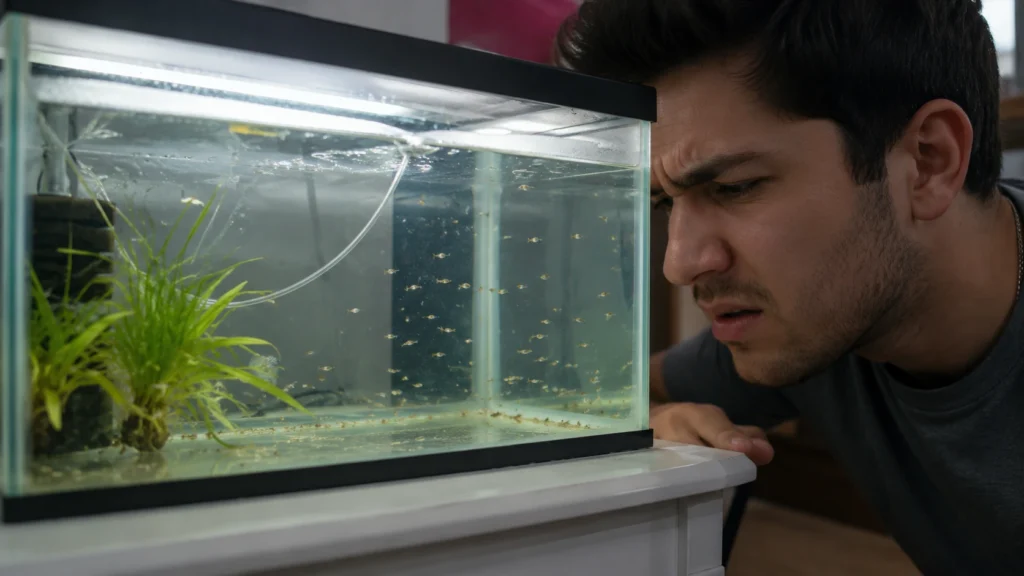A close-up of a beginner peering into a small fry tank, looking concerned