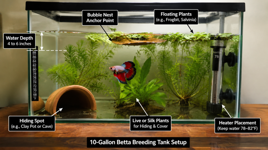 Betta breeding tank setup diagram showing equipment and layout for spawning
Caption: A properly arranged breeding tank gives both the male and female room to display natural behavior safely.