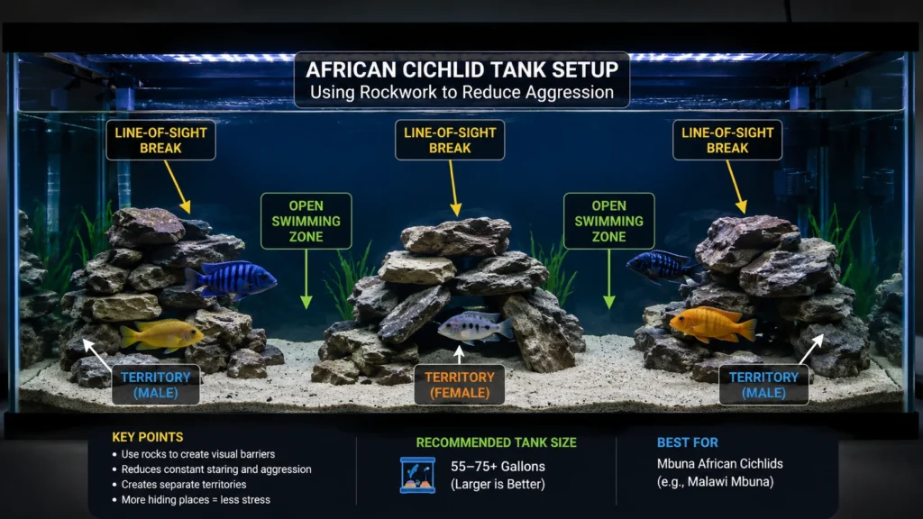 A labeled diagram showing an African cichlid tank setup with rock piles creating separate territories, arrows pointing to "line-of-sight breaks" and "open swimming zones
