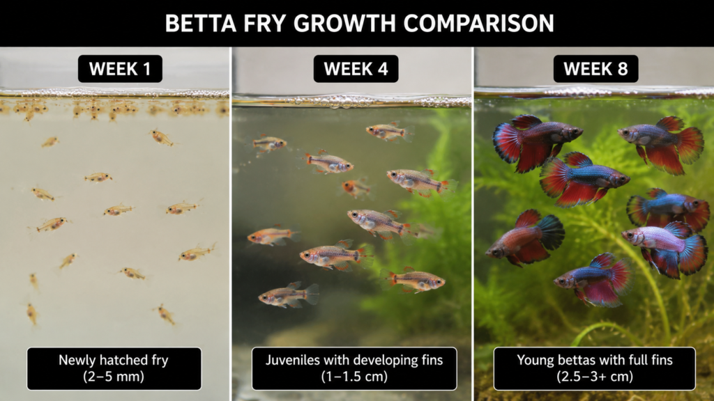 Betta fry growth stages from hatching to eight weeks old