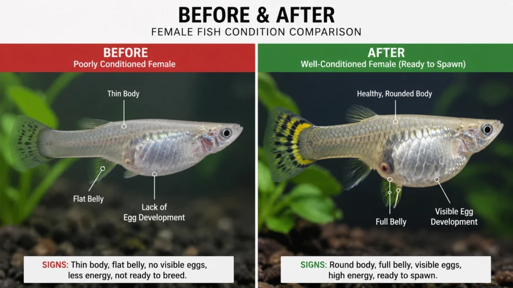 poorly-conditioned female fish next to a well-conditioned, rounder female with visible egg development