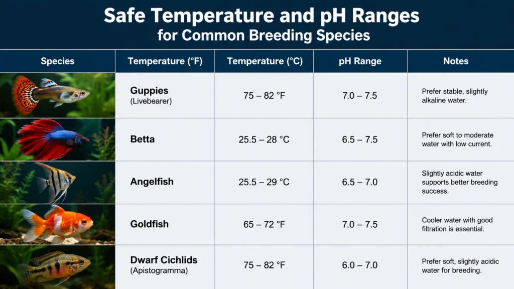 Chart showing safe temperature and pH ranges for common breeding species