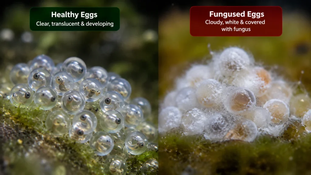 Close-up comparison of healthy translucent fish eggs versus fungused white eggs