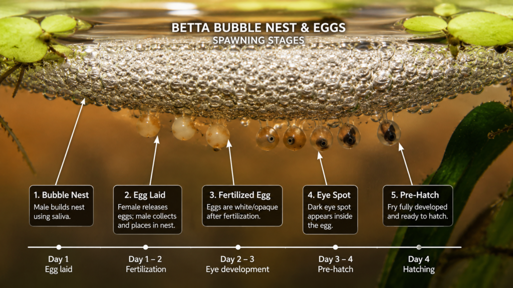 Betta fish bubble nest with fertilized eggs during the spawning process
