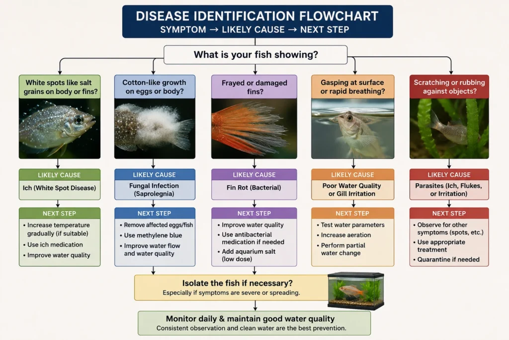 Disease identification flowchart — symptom to likely cause to next step 