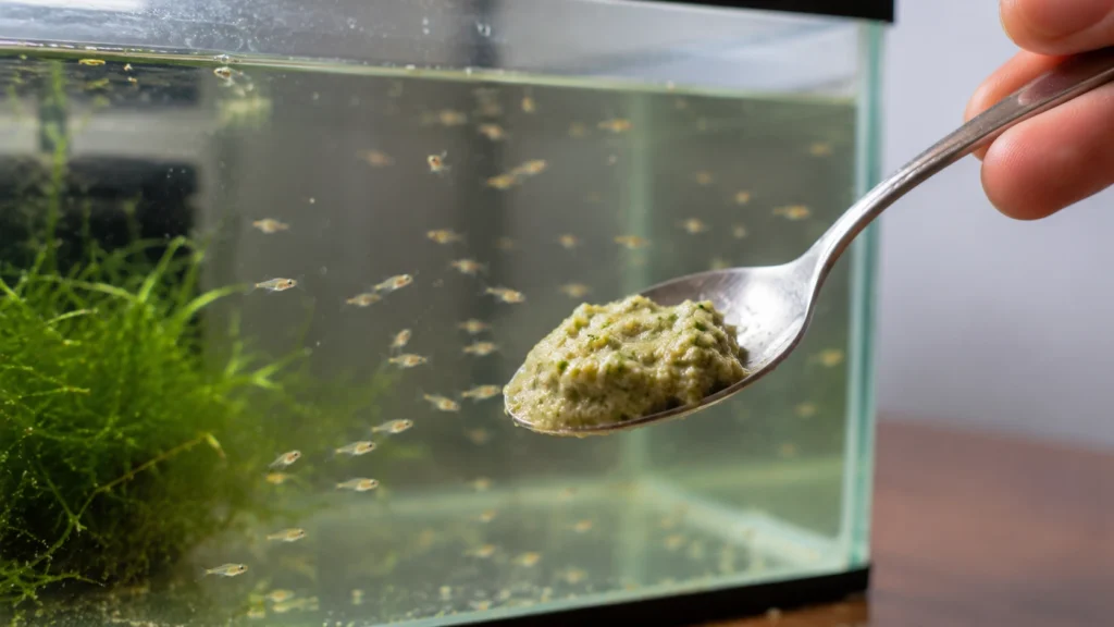 Fish and pea mash on a small spoon next to a fry tank)