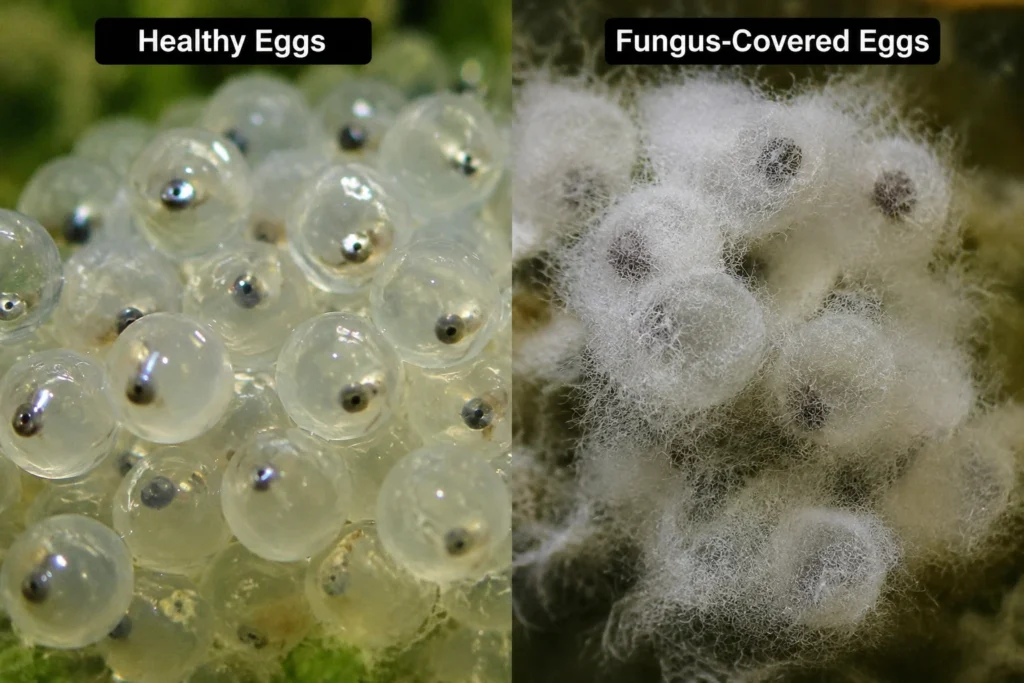 Healthy clear fish eggs versus fungus-covered eggs