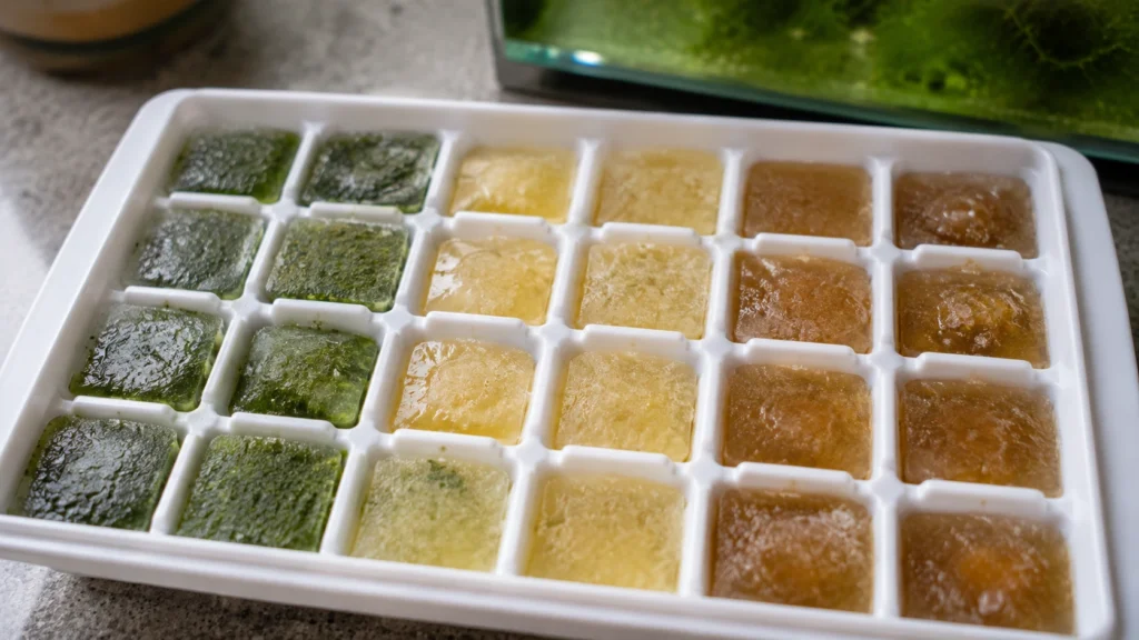 Ice cube tray filled with frozen fry food portions