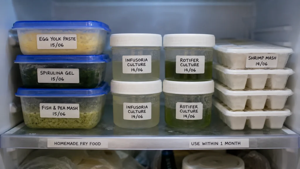 Labeled containers of stored homemade fry food in a fridge