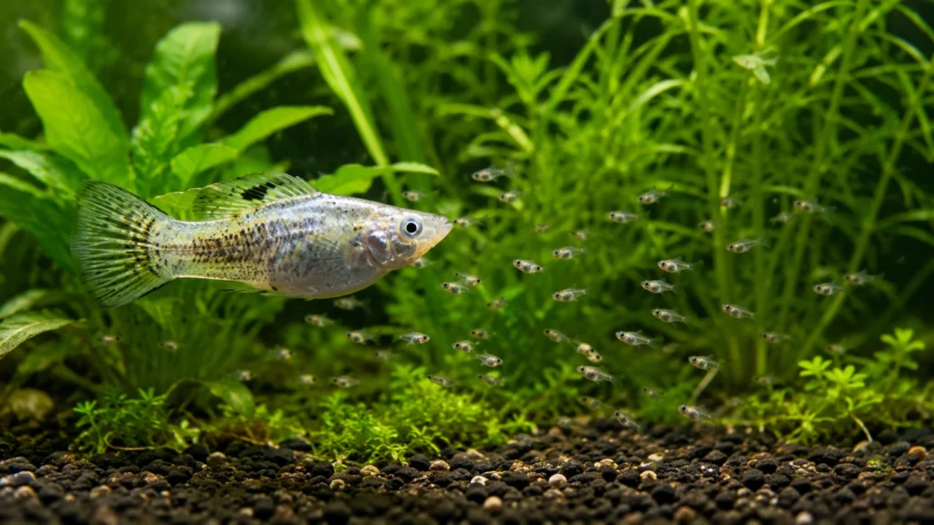 Newborn molly fry in a planted rearing tank, shown next to an adult fish for size comparison