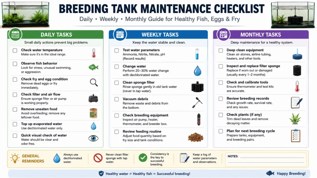 Printable daily/weekly/monthly breeding tank maintenance checklist