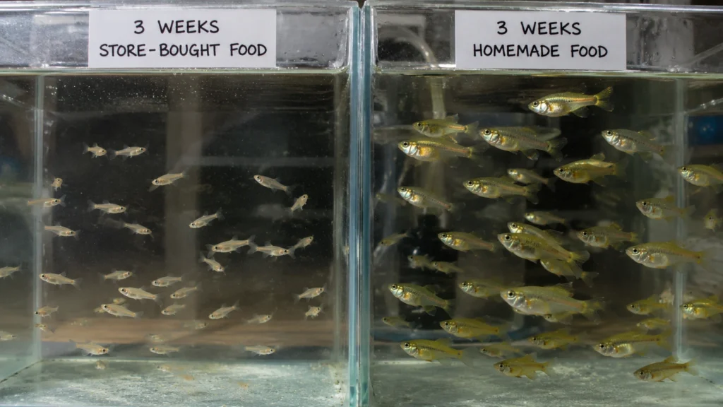 Side-by-side comparison of 3-week-old fry raised on store-bought food vs. homemade food