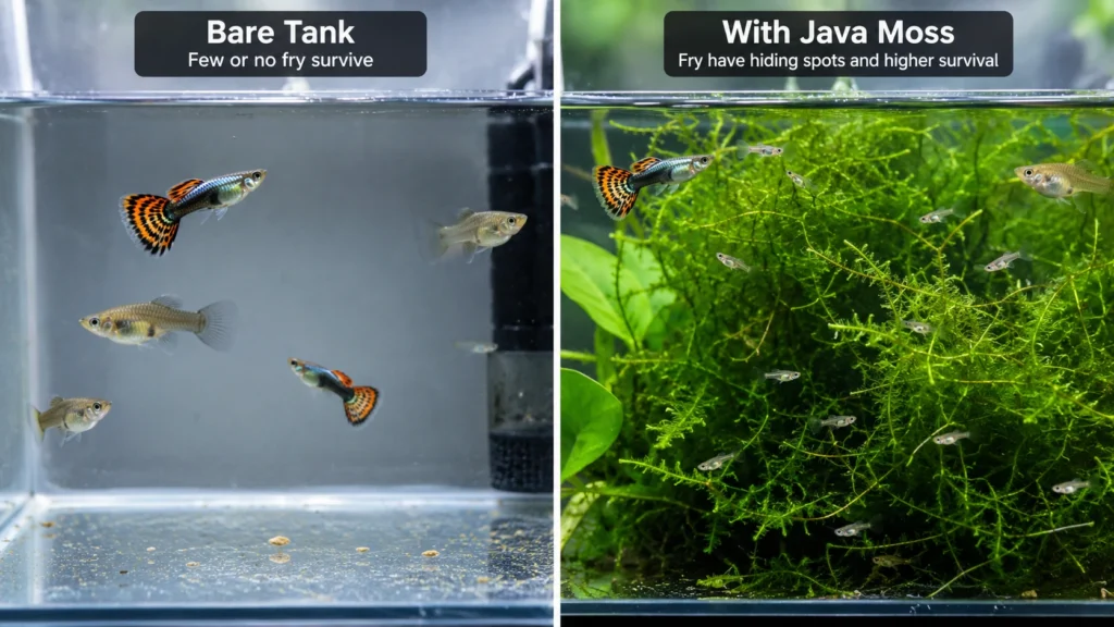 Comparison of guppy fry survival in a bare tank versus a tank with dense java moss