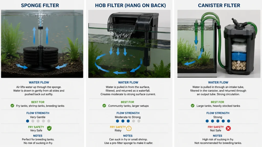 Side-by-side diagram comparing sponge filter, HOB filter, and canister filter water flow