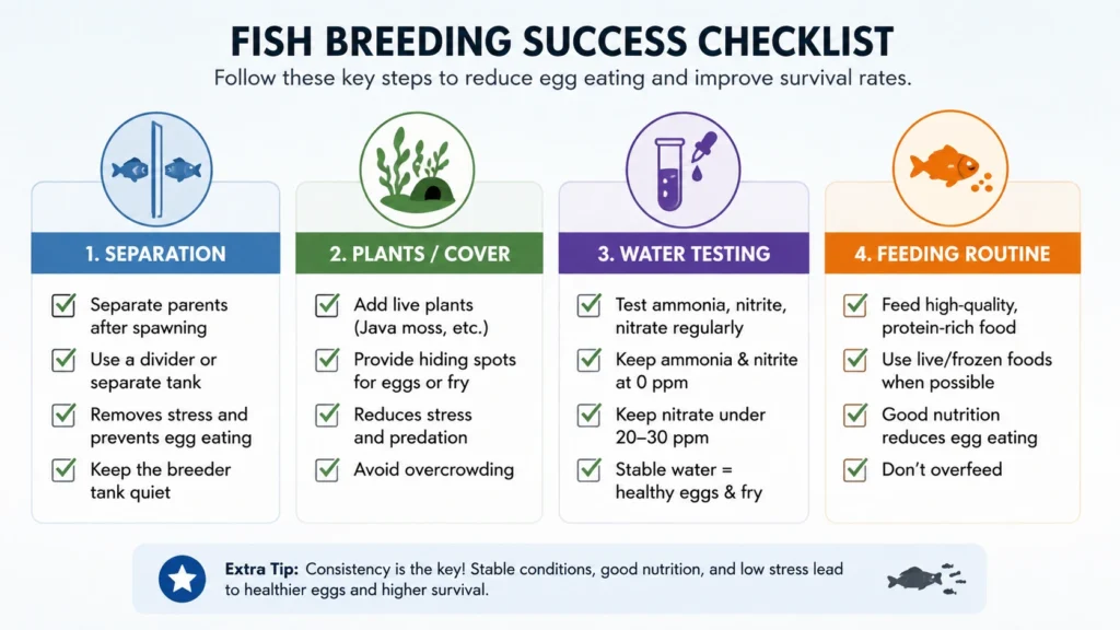 Fish egg survival checklist covering tank separation, plant cover, water testing, and feeding schedule