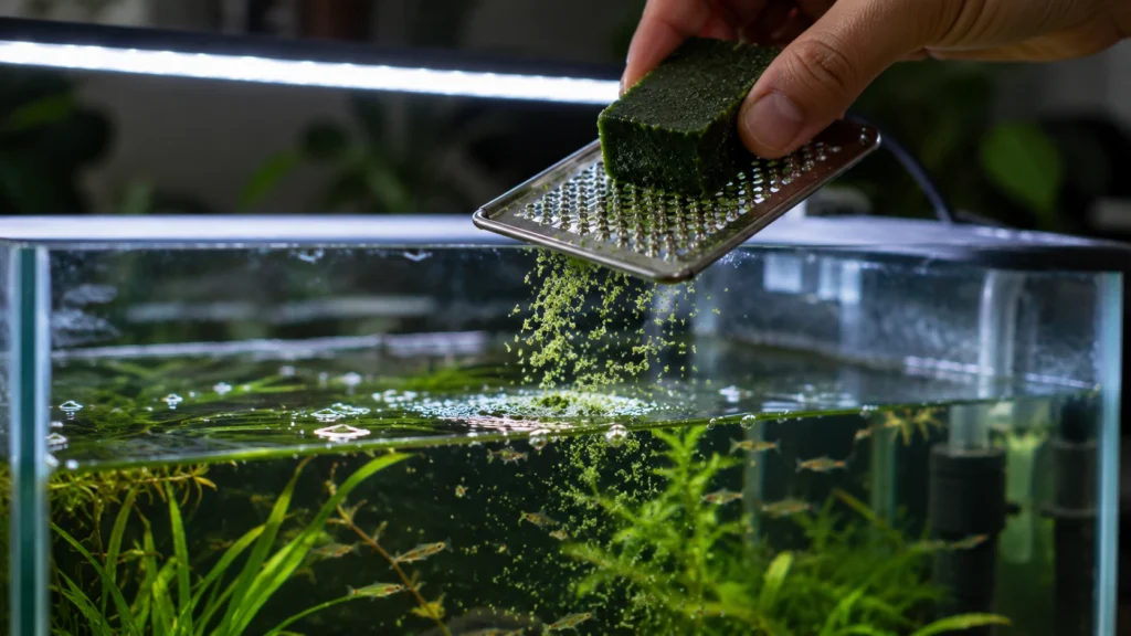 Spirulina gel block being grated over an aquarium)