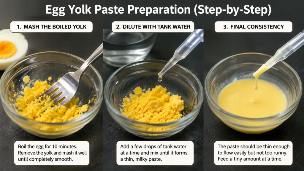 Step-by-step egg yolk paste preparation showing mashing, diluting, and final consistency