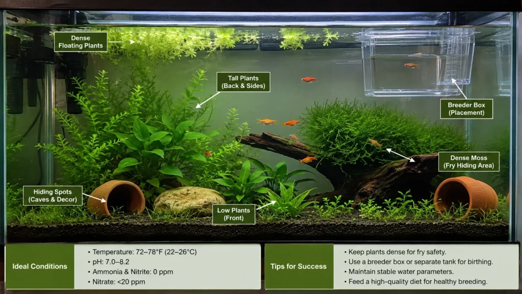 ideal breeding tank layout showing plants, hiding spots, and breeder box placement