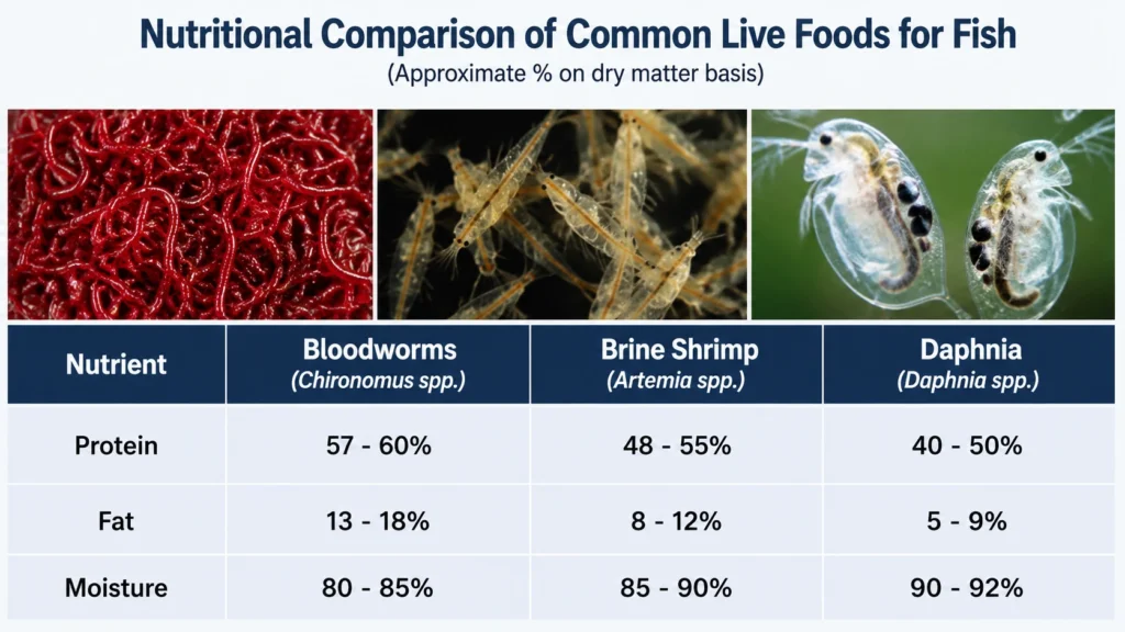 showing approximate protein, fat, and moisture percentages in common live foods such as bloodworms, brine shrimp, and daphnia