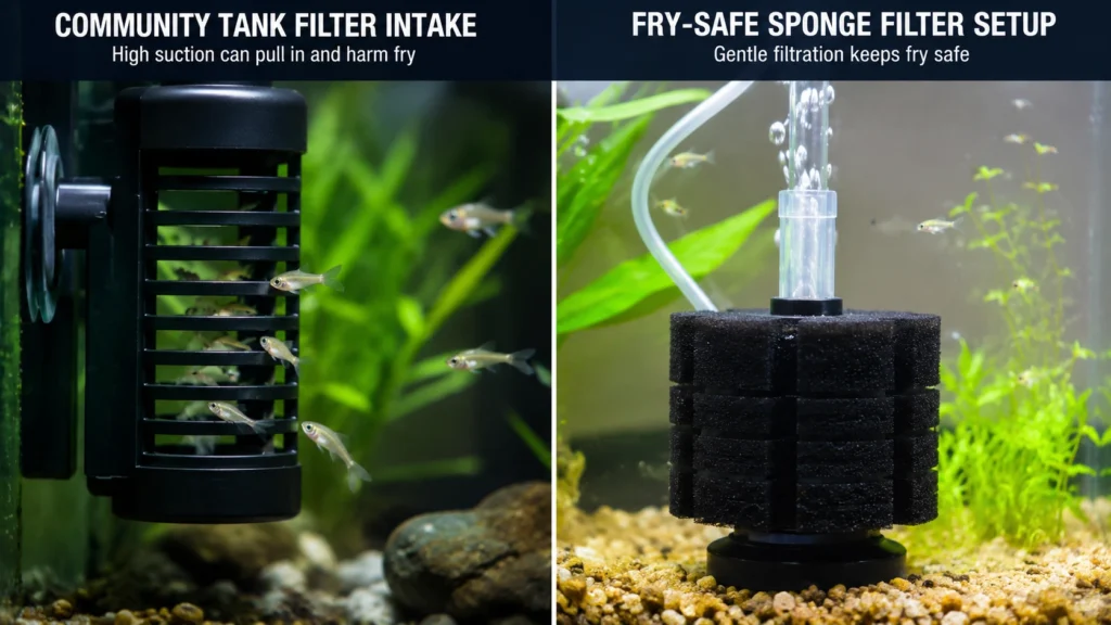 community tank filter intake vs. a fry-safe sponge filter setup
